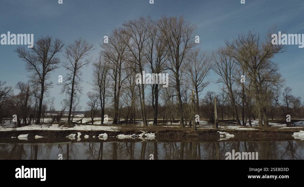 Snowy spring shore with trees. Congestion on the River in the Spring ...