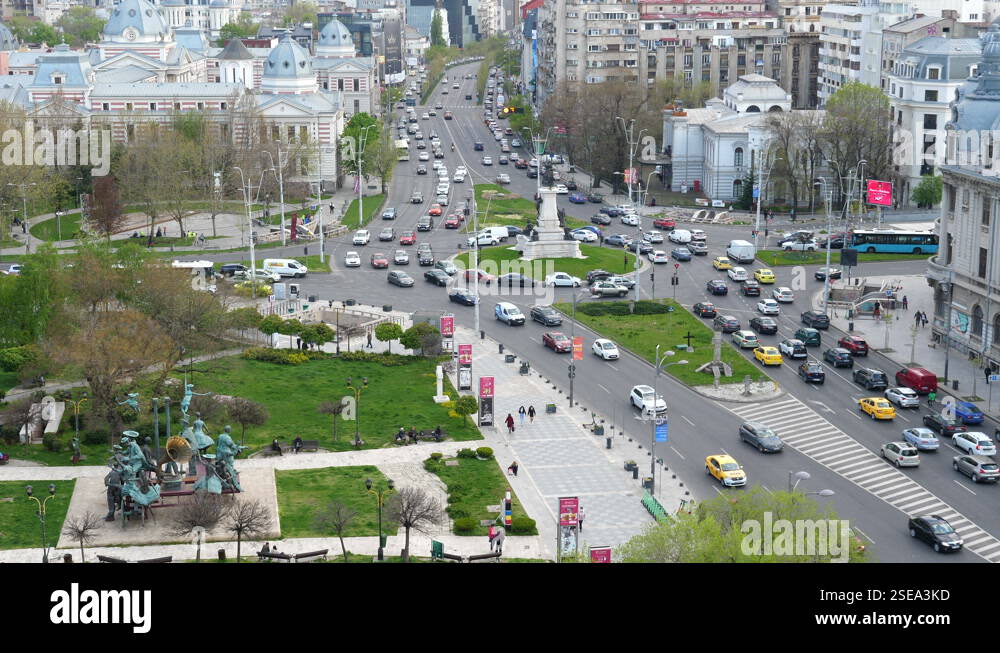 Busy Traffic at Roundabout on Main Street in Bucharest City. Static ...
