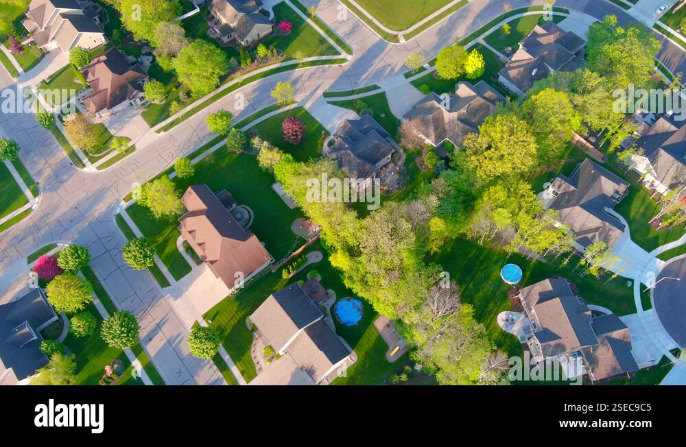 Beautiful neighborhoods, homes in Springtime aerial drone view Stock ...