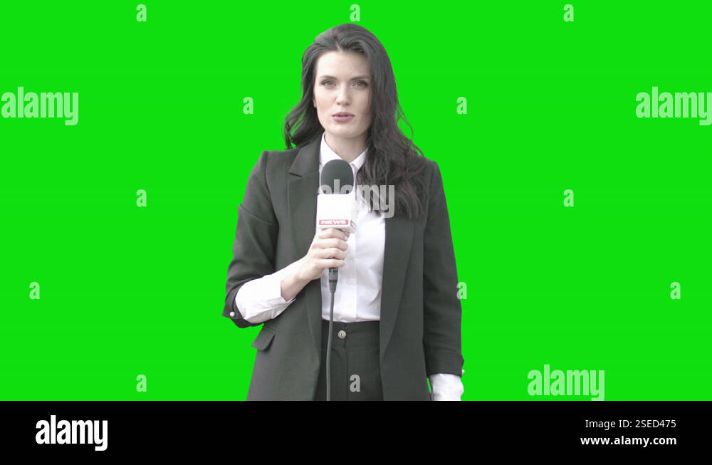 CHROMA KEY Caucasian female TV news reporter talking against green ...