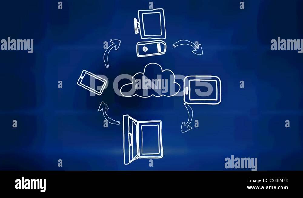 Animation of network of connections with cloud and icons over digital ...