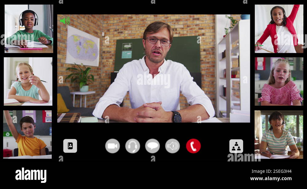Composite video call interface with diverse male teacher and six ...