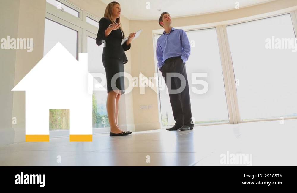 Animation of house icon filling up with yellow over man and female ...