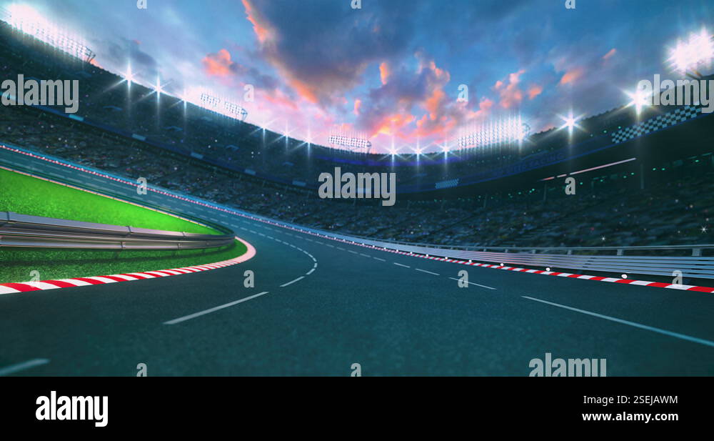 White dashed line on curved asphalt race track with fans on racing ...