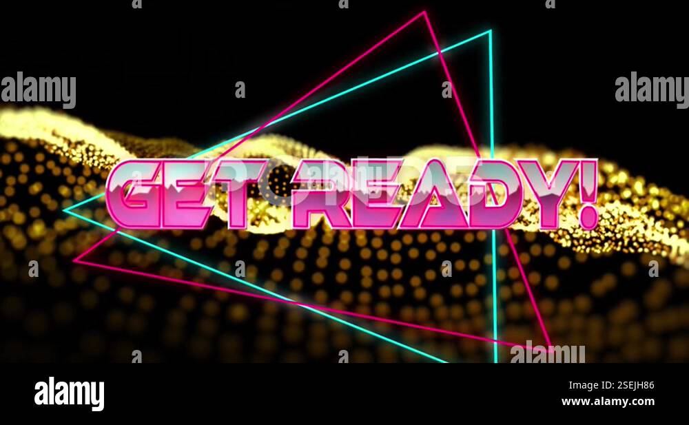 Animation of get ready text in pink metallic letters over gold mesh ...