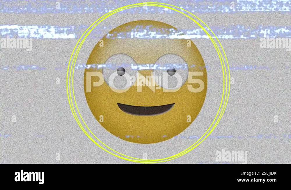 Abstract shapes and tv static effect over silly face emoji against grey ...