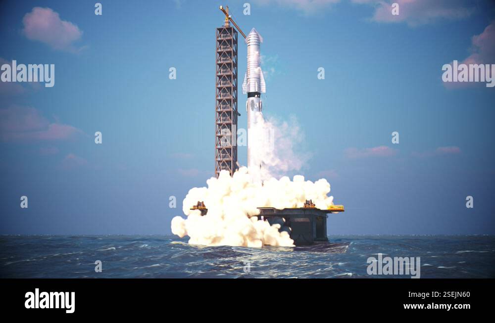 Launch of the rocket from a floating launch pad. Beautiful rocket take ...