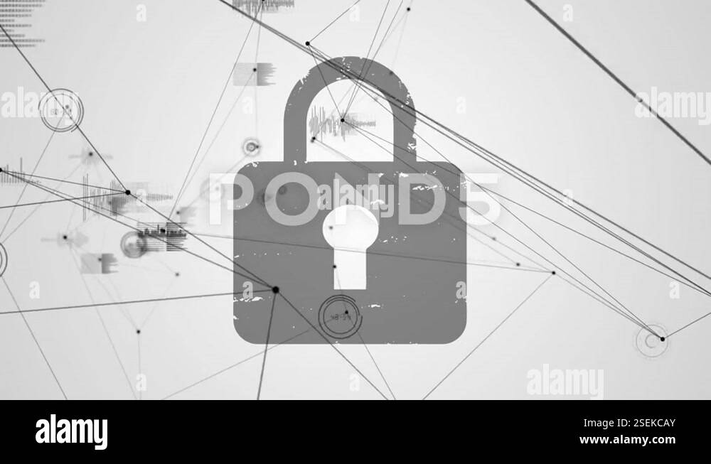 Digital animation of network of connections over security padlock icon ...