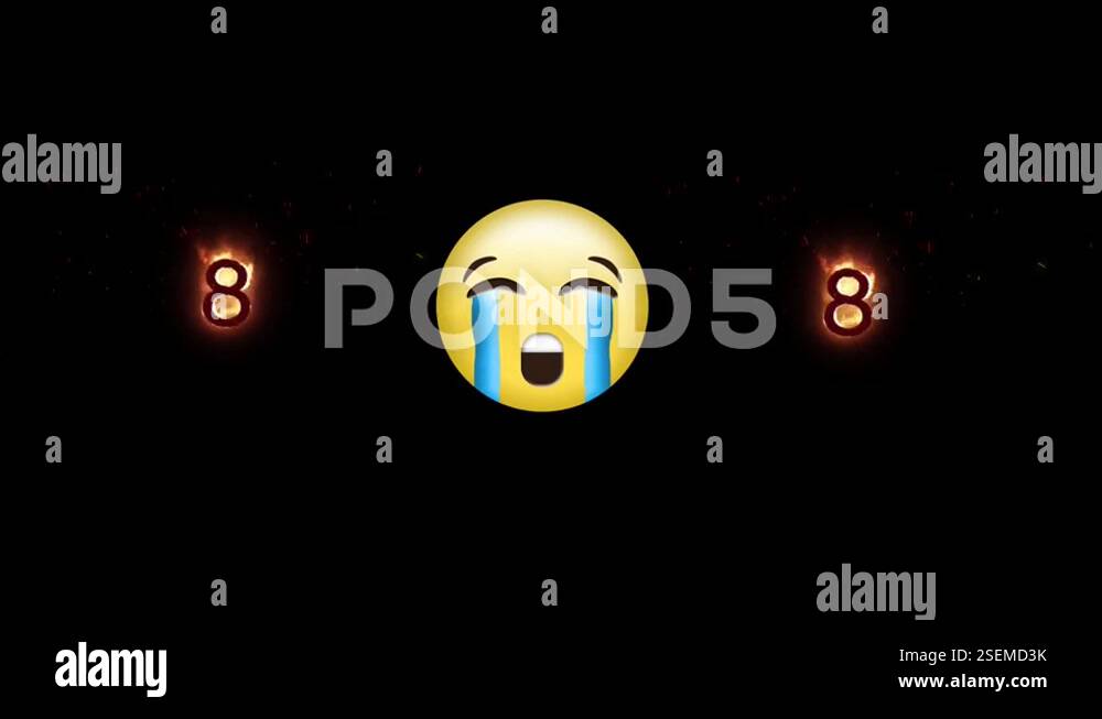 Digital animation of crying face emoji and number eight on fire icon ...