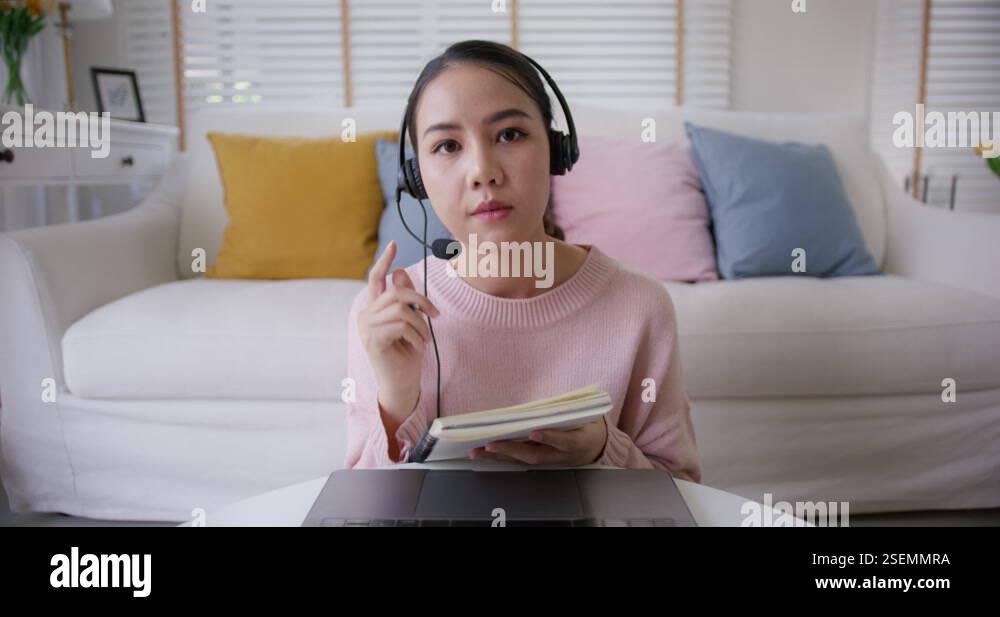 Pure Study Talk Asian young teen girl student virtual remote study talk online at home ...