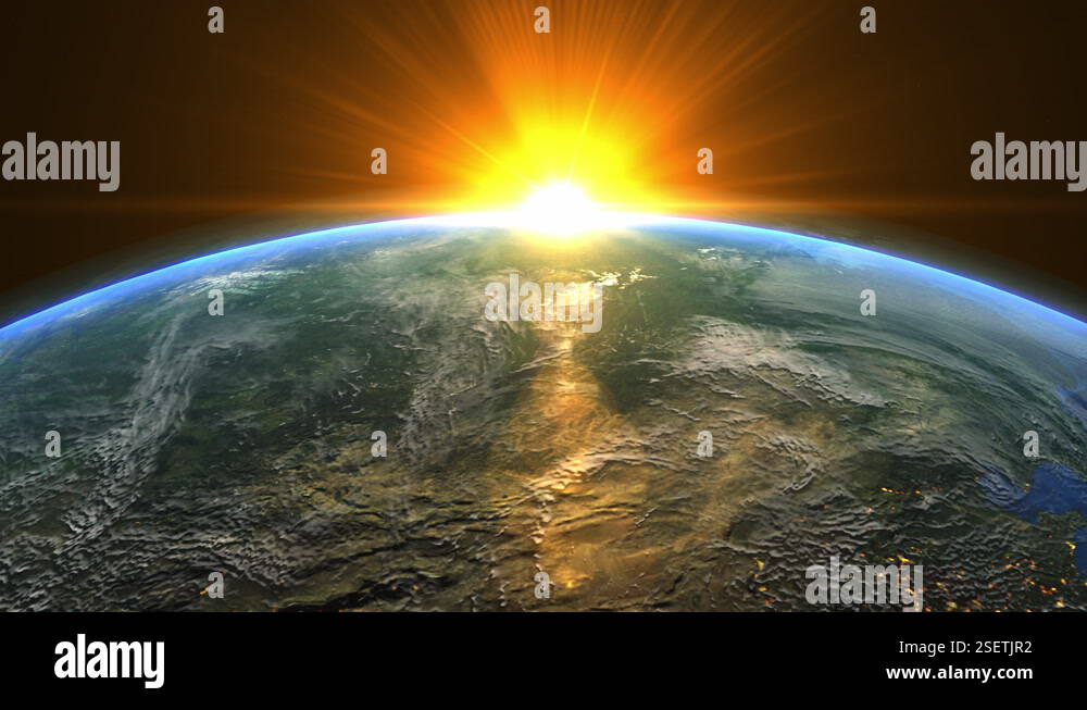 Orange sunrise and shadow on the earth rotate in space with star in ...