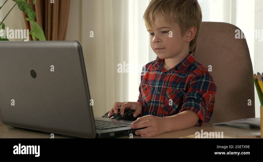 Clever Little Child Uses Laptop Computer for Study Kid Distance ...