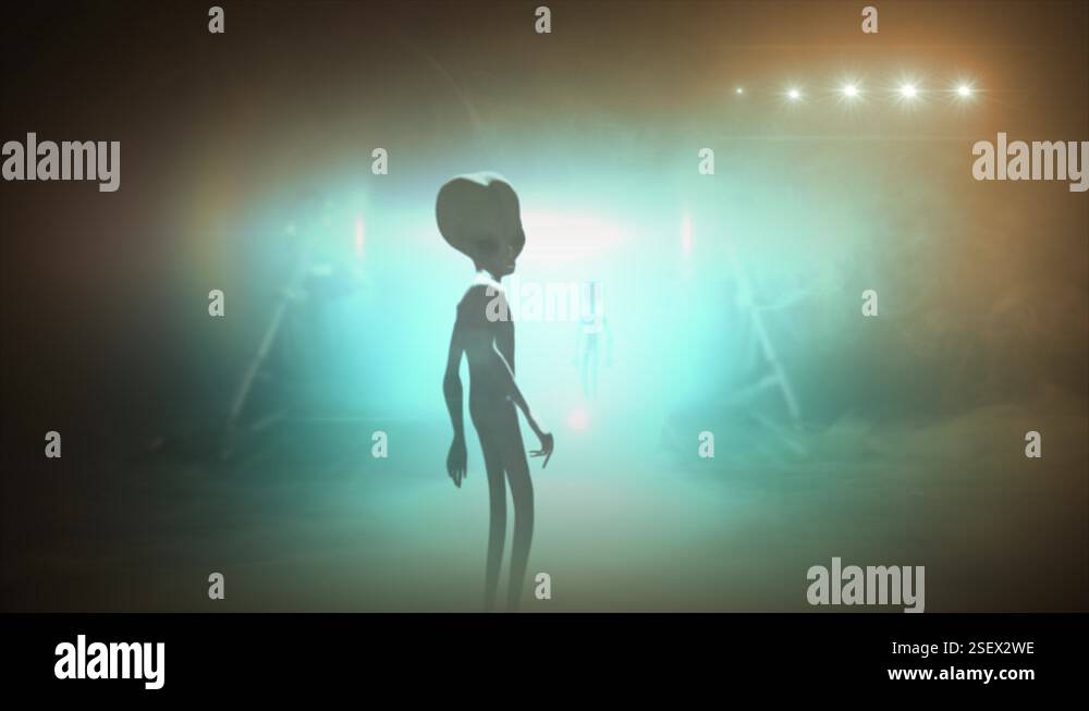 3D CGI VFX animation of a classic Roswell grey alien turning to look ...