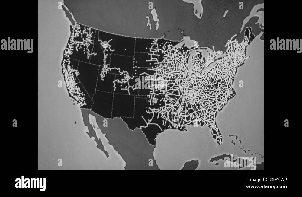 1940s: Lines crisscross the US map, connecting dots. Animated telephone ...