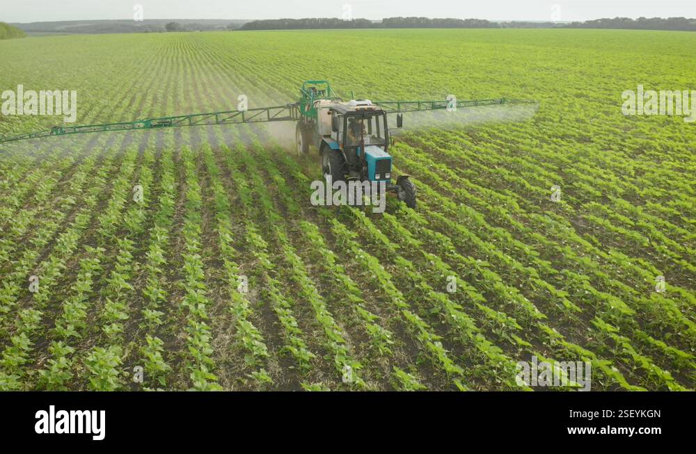 Aerial view of farming tractor spraying on field with sprayer ...