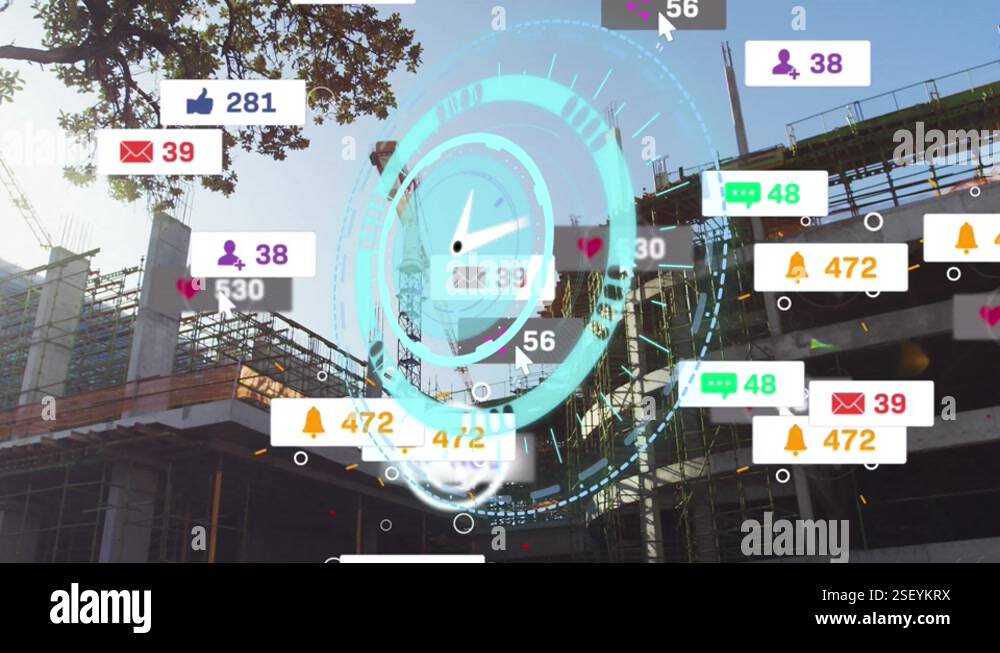 Animation of clock over social media icons and cityscape Stock Video ...