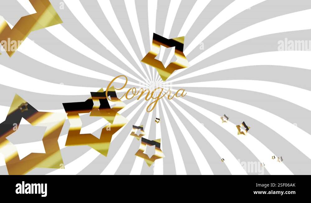 Animation of golden stars falling over congrats text and rotating white ...
