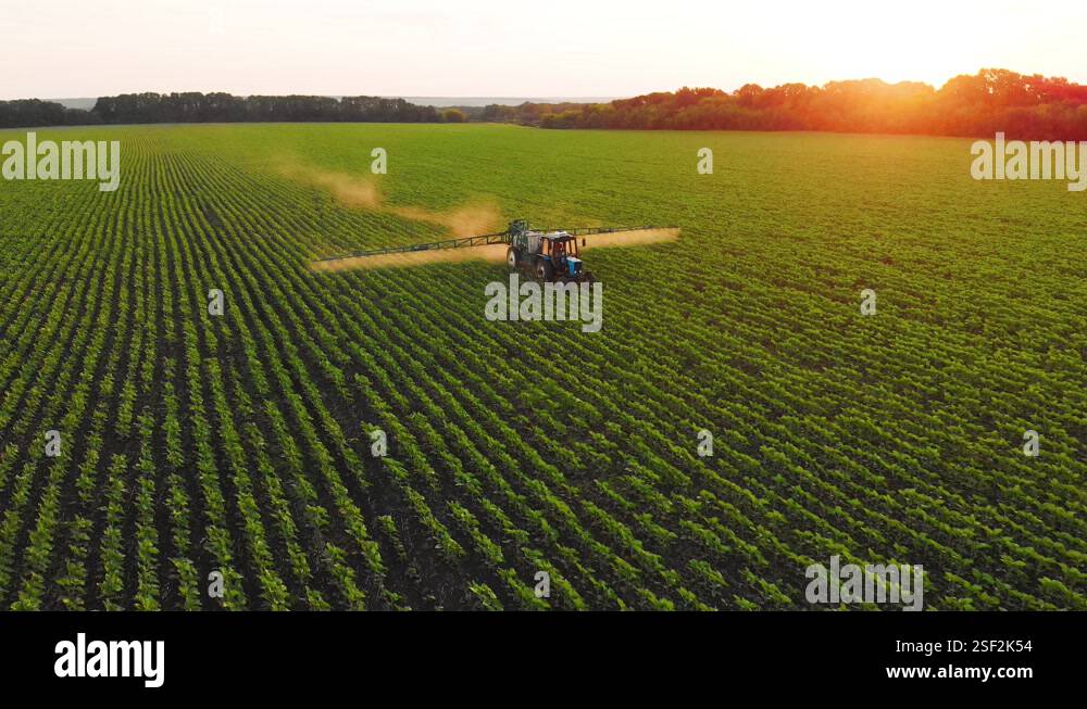Aerial view of farming tractor spraying on field with sprayer ...