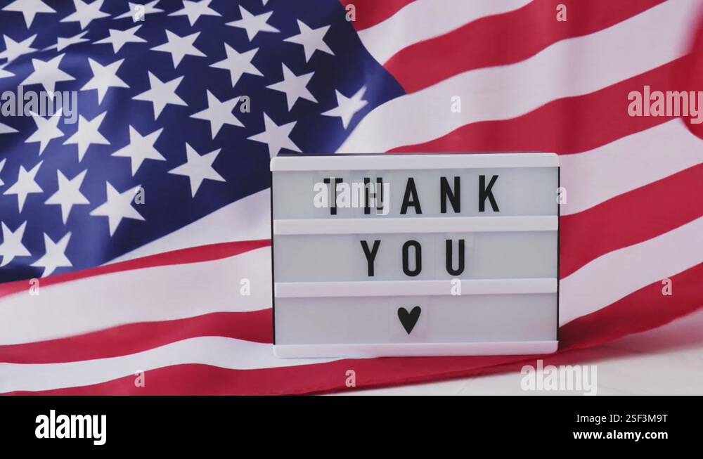 Slow motion Waving American Flag Background. Lightbox with text THANK ...