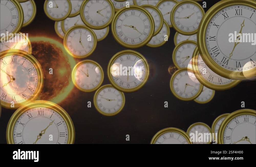 Animation of solar system, planets and space over clocks ticking Stock ...