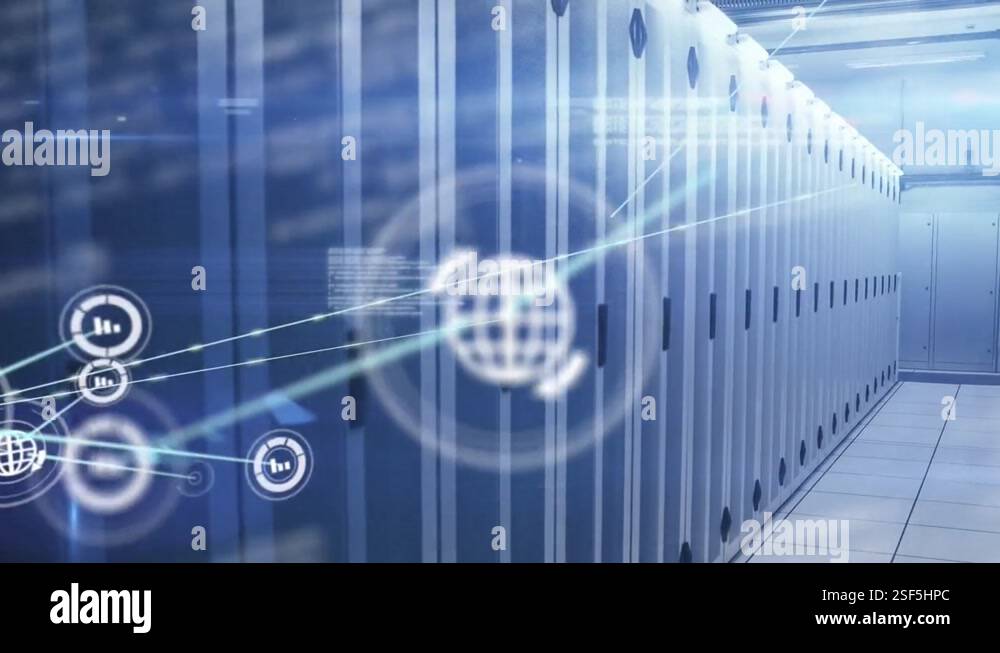 Animation of media icons and data processing over server room Stock ...