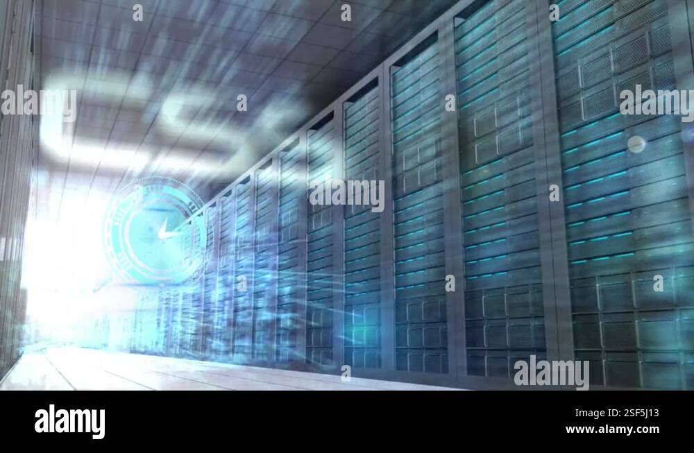 Animation of clock and diverse data processing over server room Stock ...