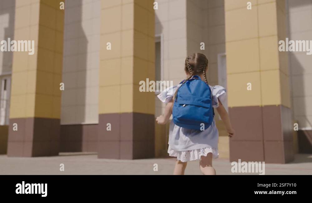Child Rushing little girl running to school with school backpack, child student ...