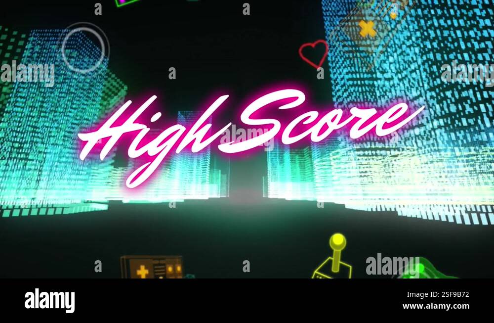 Animation of high score text over city and gaming icons Stock Video ...