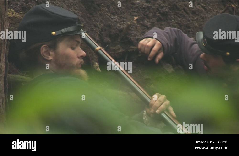 Civil War Union Soldiers dig in and defend in hasty woods earthworks ...