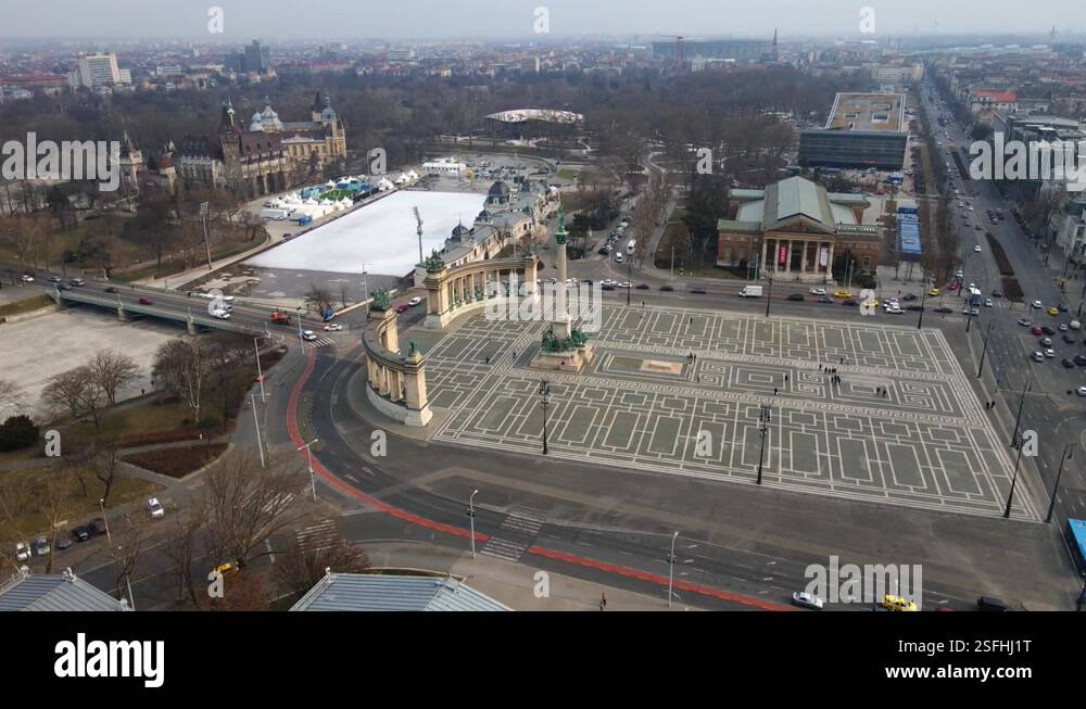 4K drone shot over Heroes square with Vajdahunyad castle view in ...
