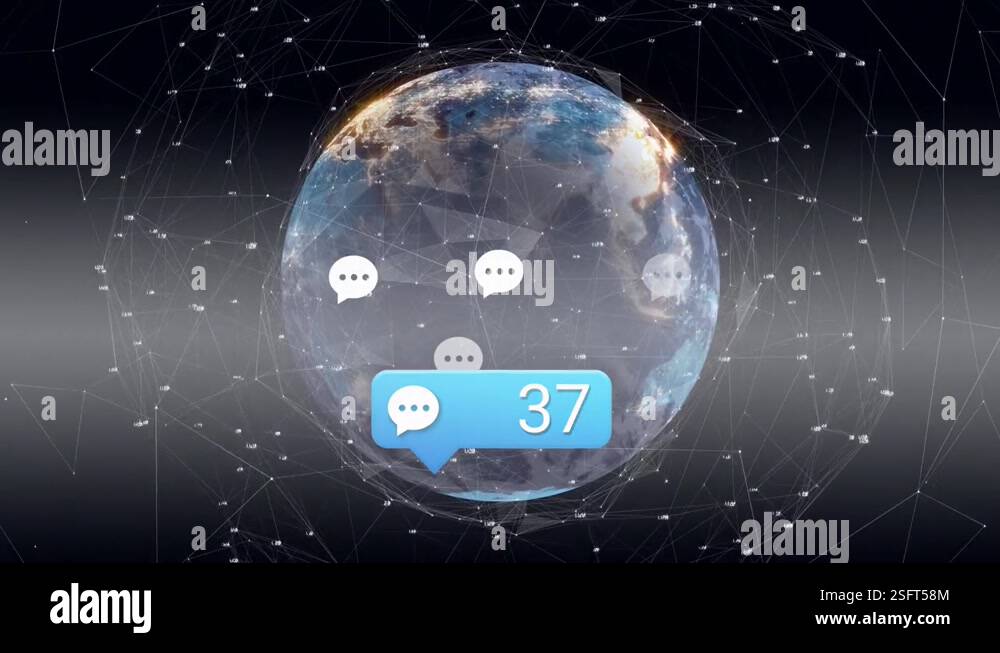Animation of social media icons with growing numbers over globe with ...