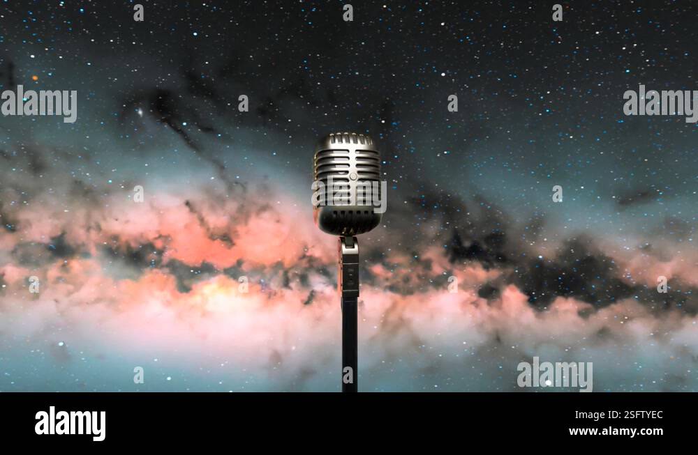 The shiny vintage microphone with the starry night sky in the ...