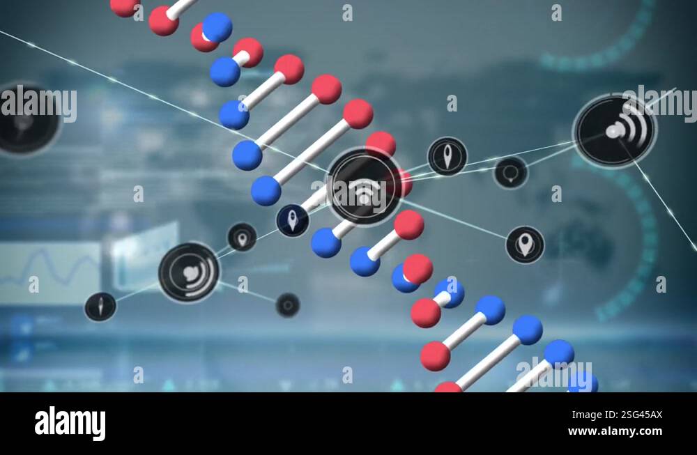 Animation of network of digital icons and spinning dna structure ...