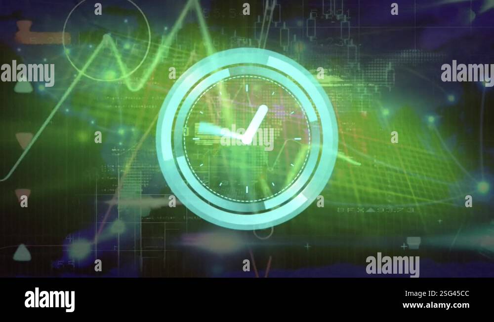 Animation of neon round scanner and data processing against green ...