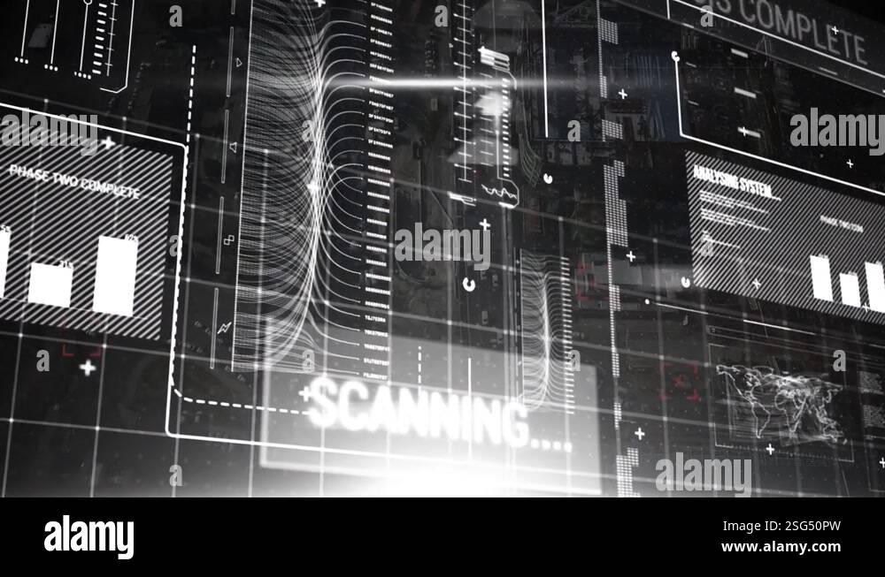 Animation of infographic data scanning on digital interface over city ...