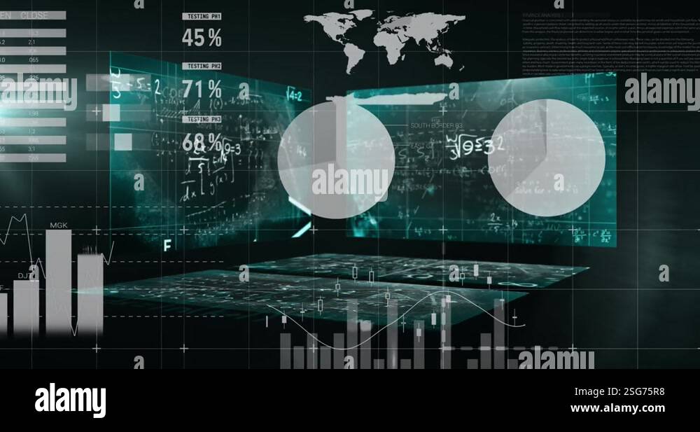 Animation of data and statistics processing with world map over screens ...