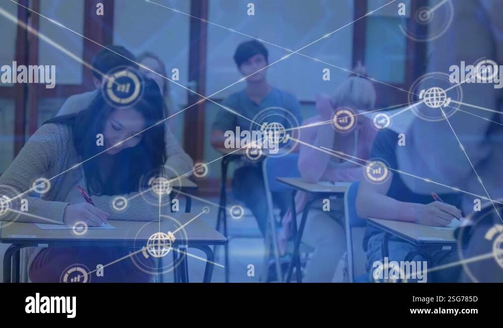 Animation of network of digital icons over diverse college students ...
