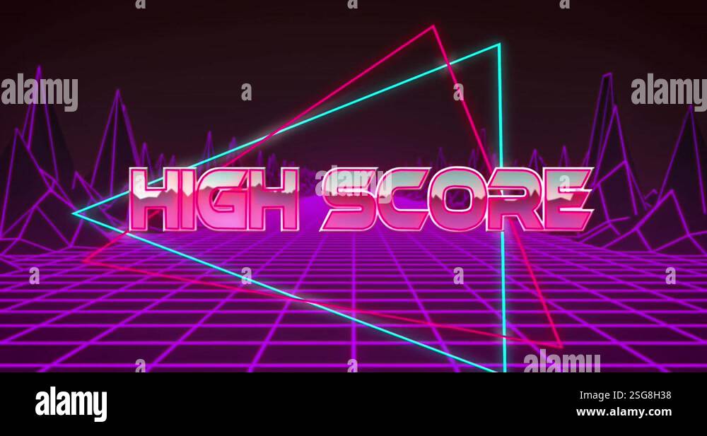 Animation of high score text in multicolored triangles over grid ...