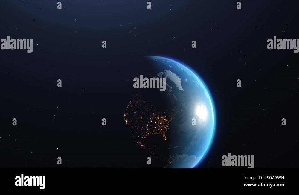 Cinematic rotation of Earth in Space with day and night areas on stars ...