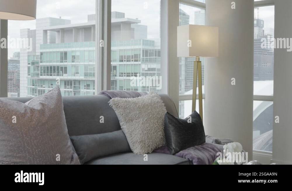 Reveal the view from living area of a high-rise condominium unit Stock ...