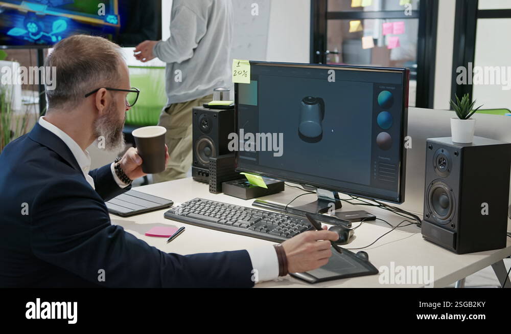 Teapot Computer Caucasian bearded artist draws on tablet 3D model of teapot for ...