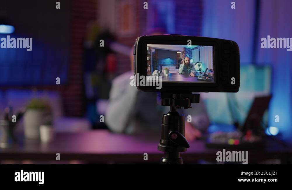 Men Click Camera Focus Selective focus on digital video camera screen recording male vlogger ...
