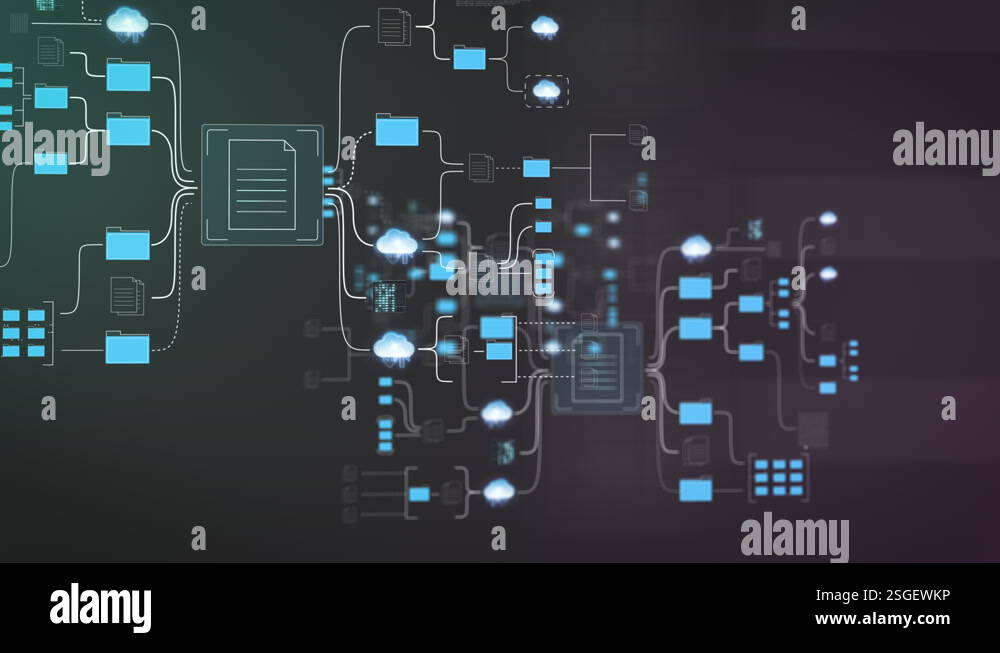 Flight through technical file system network on black background. Cloud ...