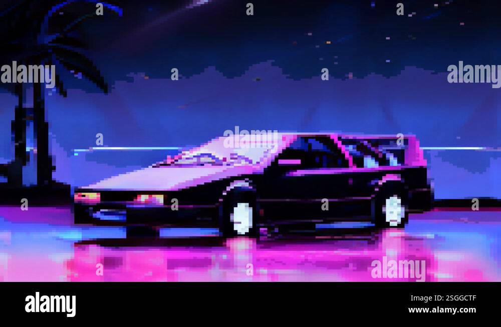 Retrowave Retro Futuristic Car Neon Lights Motion Pixel Art 80s 90s ...