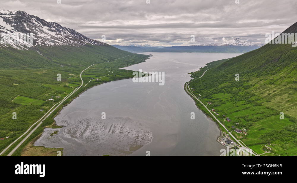 Nordkjosbotn Norway v3 drone flyover water inlet in between mountain ...