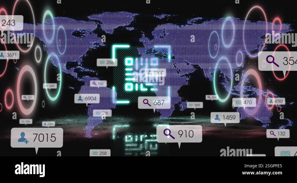 Animation of neon qr code scanner and social media icons against world ...