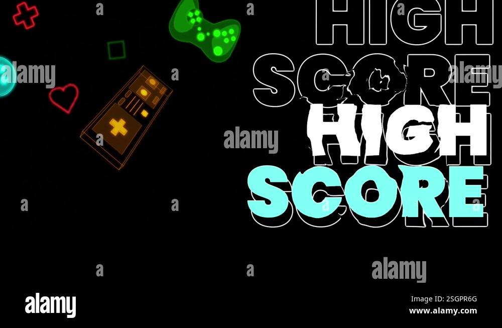 Animation of high score text and gaming icons on black background Stock ...