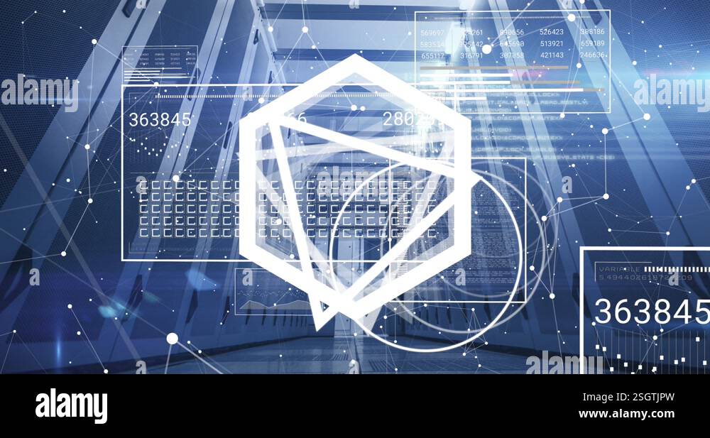 Animation of shapes with data processing over server room Stock Video ...