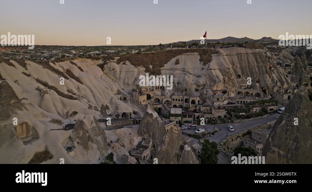 Göreme Turkey Aerial v6 low flyover sunset lookout view point capturing ...
