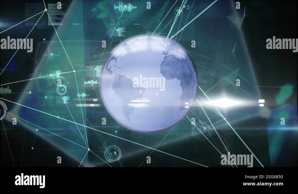 Animation of globes over connected dots and graph icons and lens flares ...